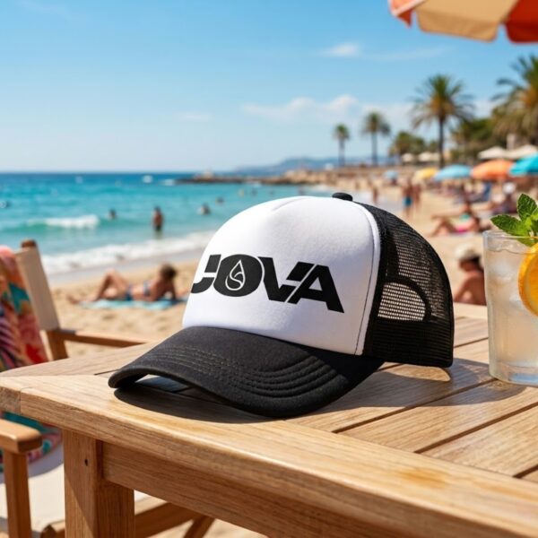 Casquette trucker bicolore noir et blanc JOVA modèle Zodak posée sur une table en bois sur la plage