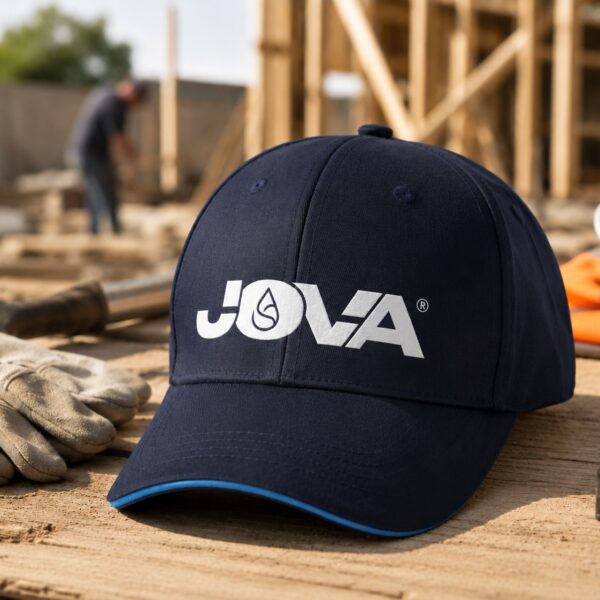 Casquette Crest personnalisée JOVA bleu marine posée sur un chantier de construction avec gants et mètre ruban