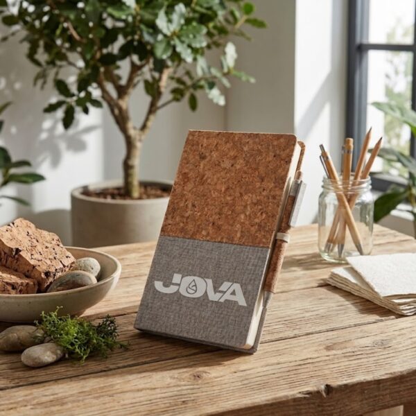Carnet de notes Kano JOVA personnalisé en liège et tissu gris avec stylo sur bureau en bois