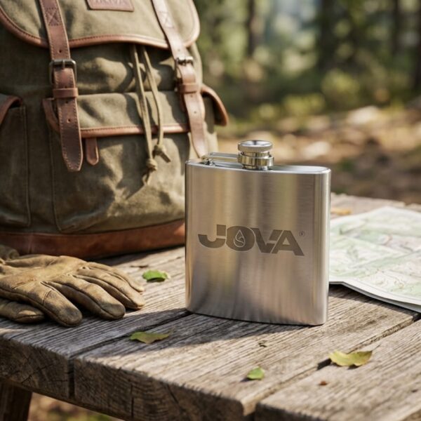 Flasque personnalisée JOVA en acier inoxydable brossé sur une table en bois avec sac à dos de randonnée