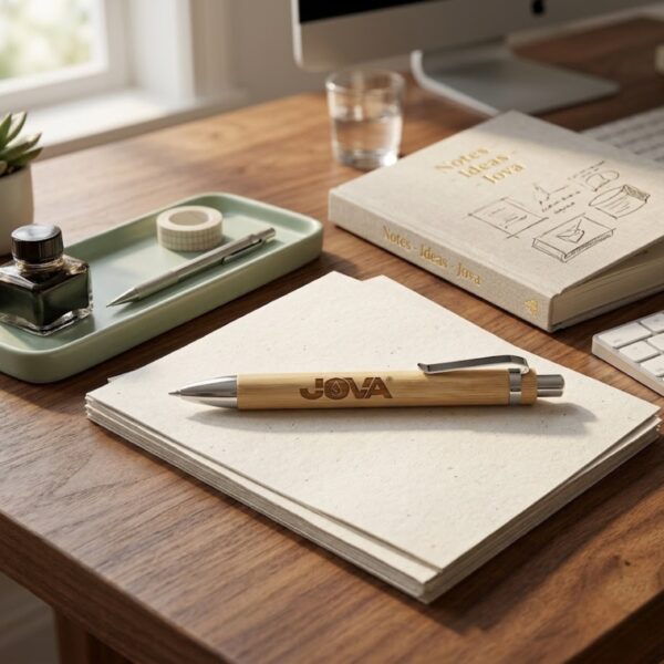 Stylo Nilo JOVA personnalisé en bambou posé sur du papier recyclé avec carnet de notes sur un bureau en bois