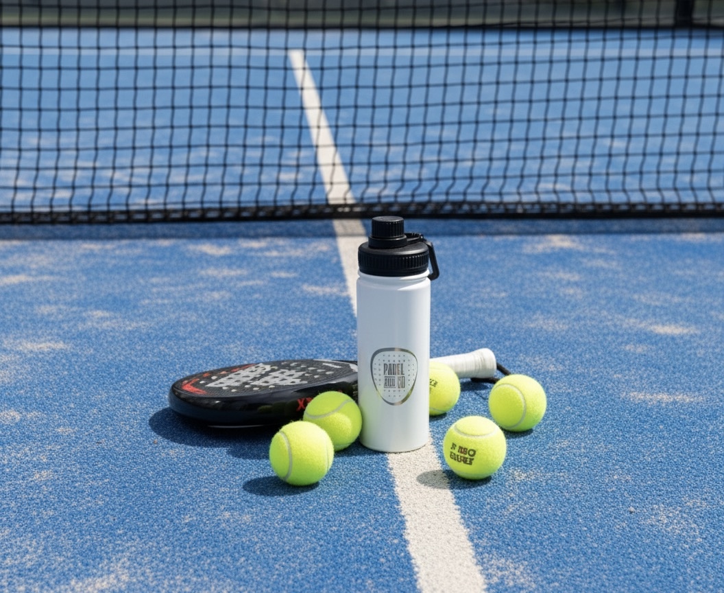 Gourde Ondina blanche gravée logo Padel And Co sur terrain de padel