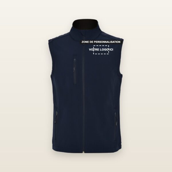 Bodywarmer softshell Quebec bleu marine avec zone de personnalisation côté cœur pour votre logo, impression DTF ou broderie - JOVA France Castres Tarn Occitanie