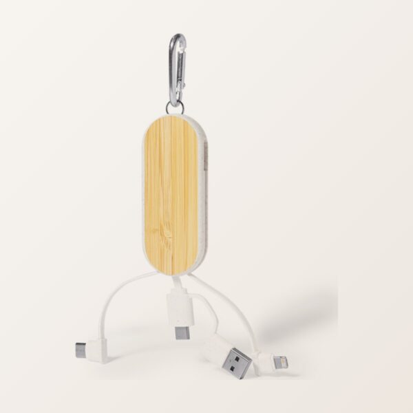 Câble chargeur 3 en 1 Abby en bambou et fibre de blé avec mousqueton, sorties Lightning, Micro USB et USB-C, personnalisable avec logo en gravure laser - JOVA France Castres Tarn Occitanie