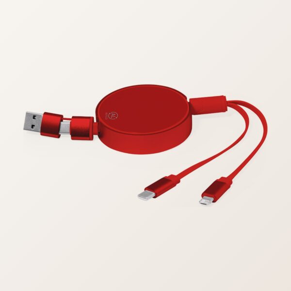 Câble chargeur extensible Freud rouge en aluminium recyclé, 3 en 1 Lightning, Micro USB et USB-C, personnalisable avec logo en gravure laser - JOVA France Castres Tarn Occitanie