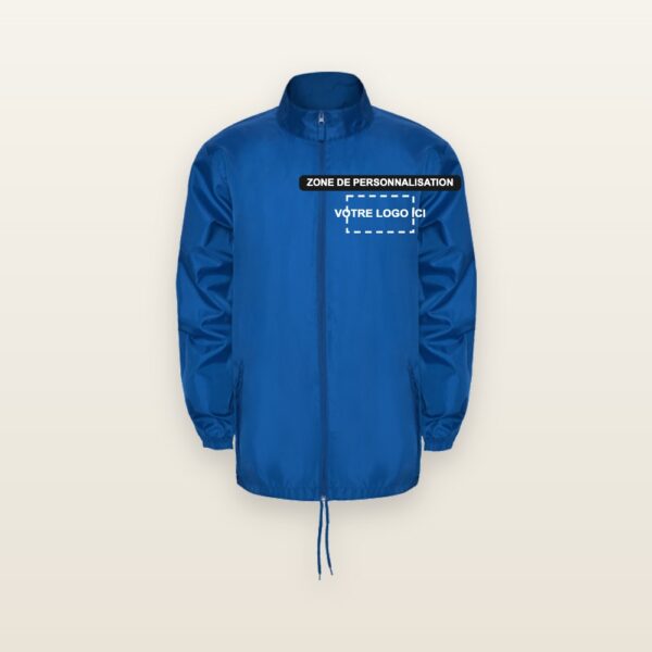 Coupe-vent imperméable Island bleu royal avec zone de personnalisation côté cœur pour votre logo, impression DTF - JOVA France Castres Tarn Occitanie