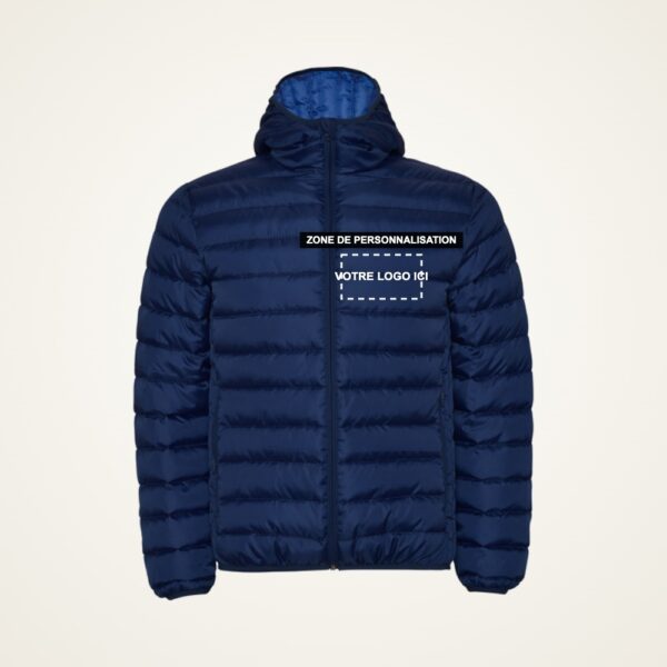 Doudoune à capuche Norway bleu marine avec zone de personnalisation côté cœur pour votre logo, broderie - JOVA France Castres Tarn Occitanie