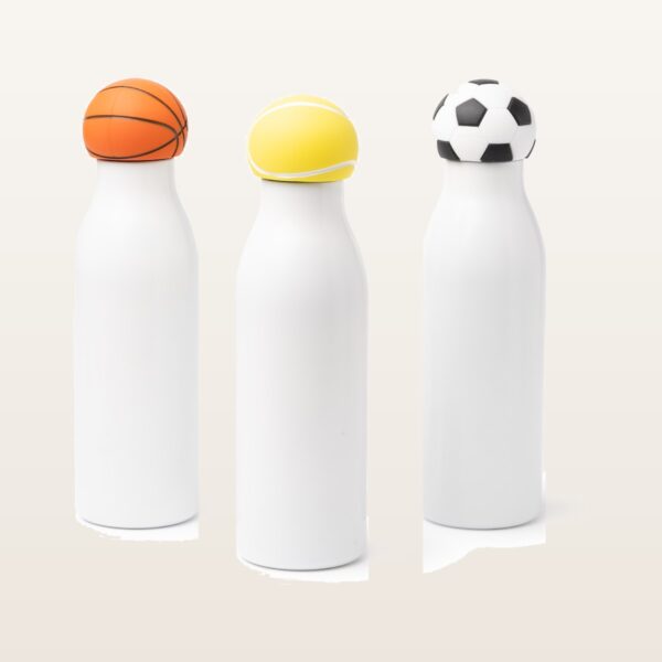 Gourdes isothermes Fafik 550 ml en inox recyclé avec bouchons ballon de basket, balle de tennis et ballon de foot, personnalisables en impression UV couleur - JOVA France Castres Tarn Occitanie