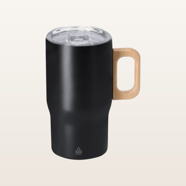 Mug isotherme Zaran noir en acier inoxydable recyclé double paroi 400 ml, poignée en bois, personnalisable avec logo en gravure laser - JOVA France Castres Tarn Occitanie