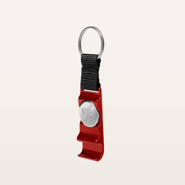 Porte-clés Nevin rouge en aluminium avec jeton de caddie et support smartphone, sangle nylon, personnalisable avec logo en gravure laser - JOVA France Castres Tarn Occitanie