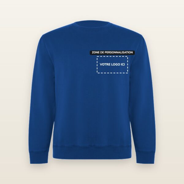 Sweat col rond Batian bleu royal avec zone de personnalisation côté cœur pour votre logo, impression DTF ou broderie - JOVA France Castres Tarn Occitanie