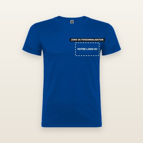 T-shirt Beagle bleu royal 100 % coton avec zone de personnalisation côté cœur pour votre logo, impression DTF ou broderie - JOVA France Castres Tarn Occitanie
